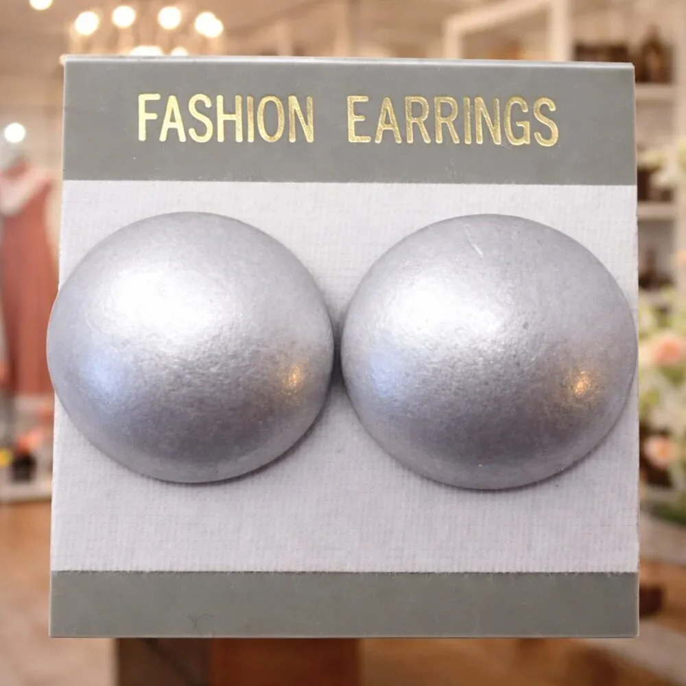 Vintage 80s Pierced Button Earrings Silver Metallic Look New Old Stock - Hey Viv